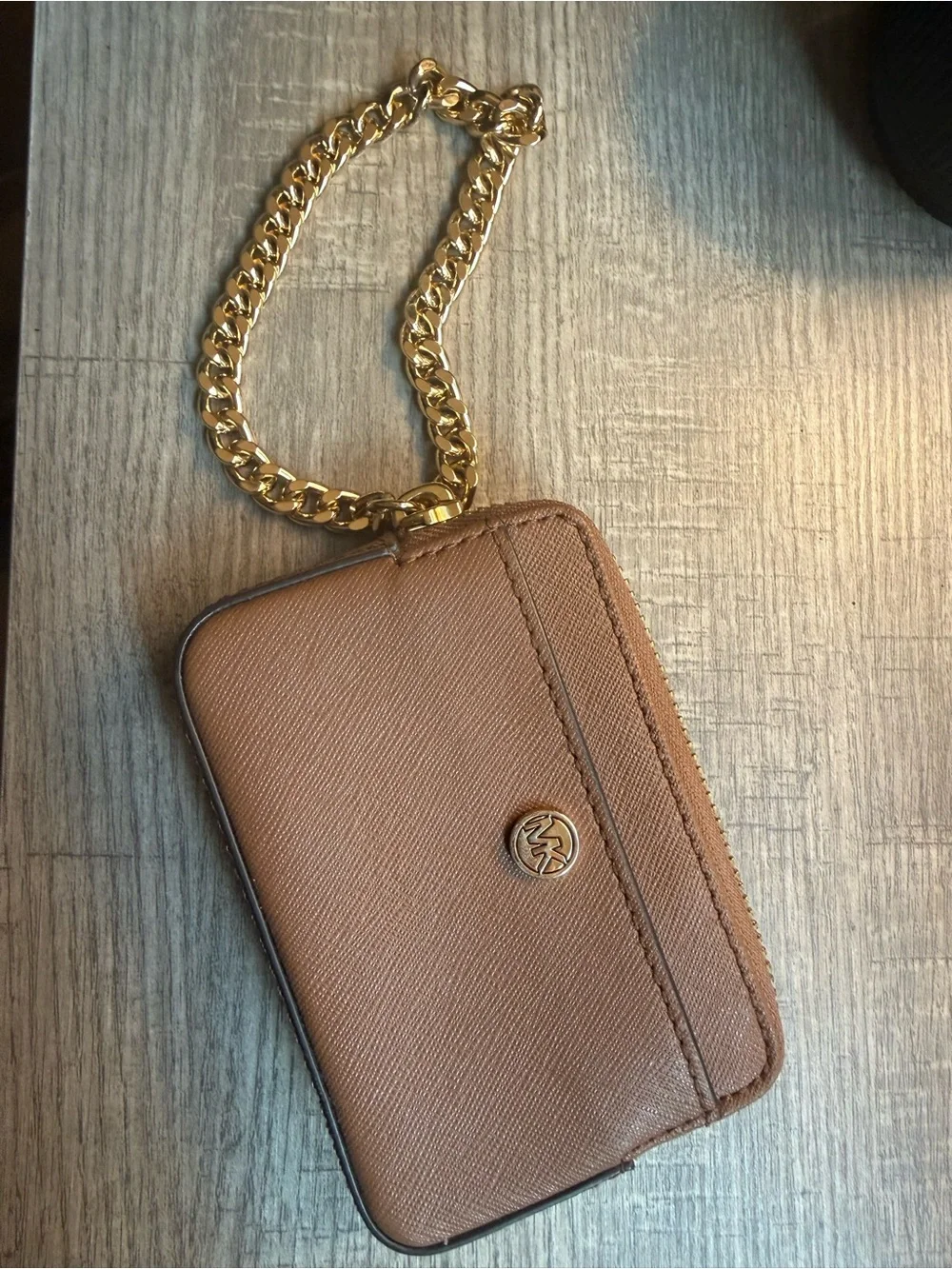 Michael Kors Tan Saffiano Leather Wristlet with Gold Chain